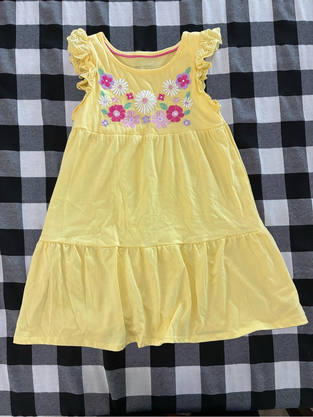 Cynthia Rowley Yellow Tiered Dress with Pink & White Floral Embroidery